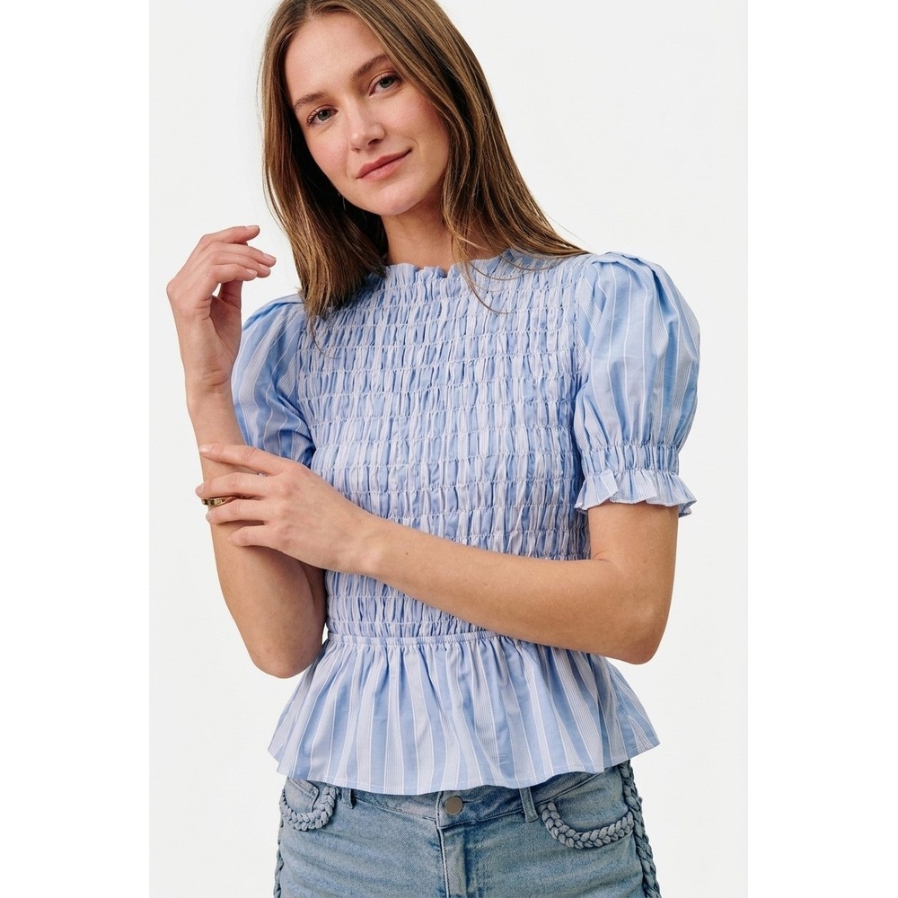 SO ME Stripe Smocked Bodice Puff Sleeves Blouse Top - Blue - Large